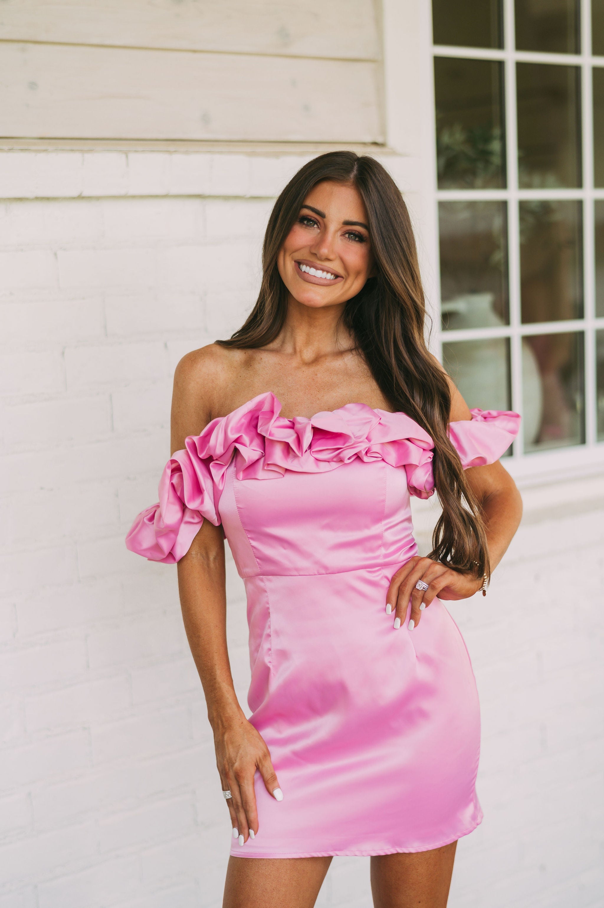 Cassandra OTS Satin Dress Pink